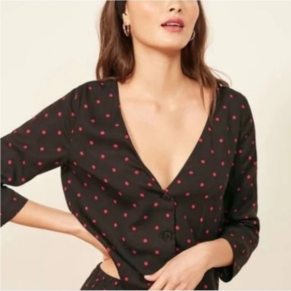 Reformation Black V-Neck Button Blouse with Red Polka Dots